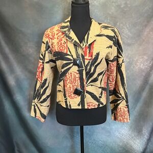 Painted Pony Abstract Print Jacket Mandarin Collar Black Red Beige Button Size S